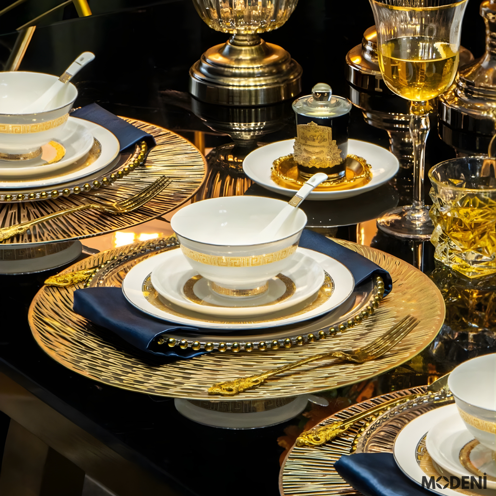 Bộ Chén Đĩa Sứ Xương Trevi Cao Cấp Viền Vàng Ánh Kim – Nghệ Thuật Hoàng Gia Cho Bàn Ăn Hiện Đại (không thố)