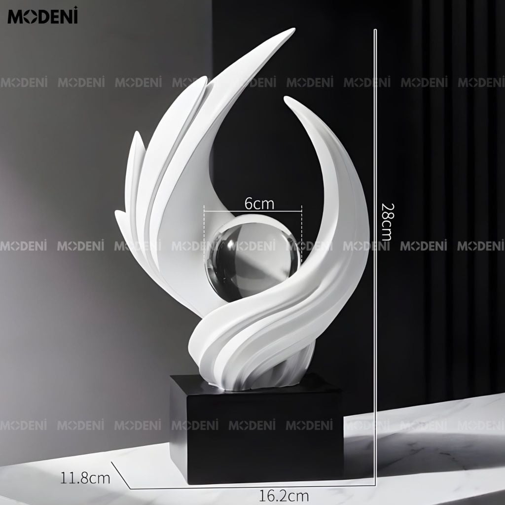 Tượng Trang Trí Aurel white - Resin cao cấp trắng mờ biểu tượng ánh sáng và sự tinh khiết phối cầu thủy tinh trang trí phòng khách/kệ tủ