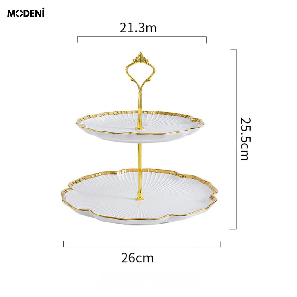 Khay 2 Tầng Magnolia Sứ Trắng Khung Mạ Gold Sang Trọng Viền Tạo Hình Cánh Hoa Cho Quà Tặng Tân Gia