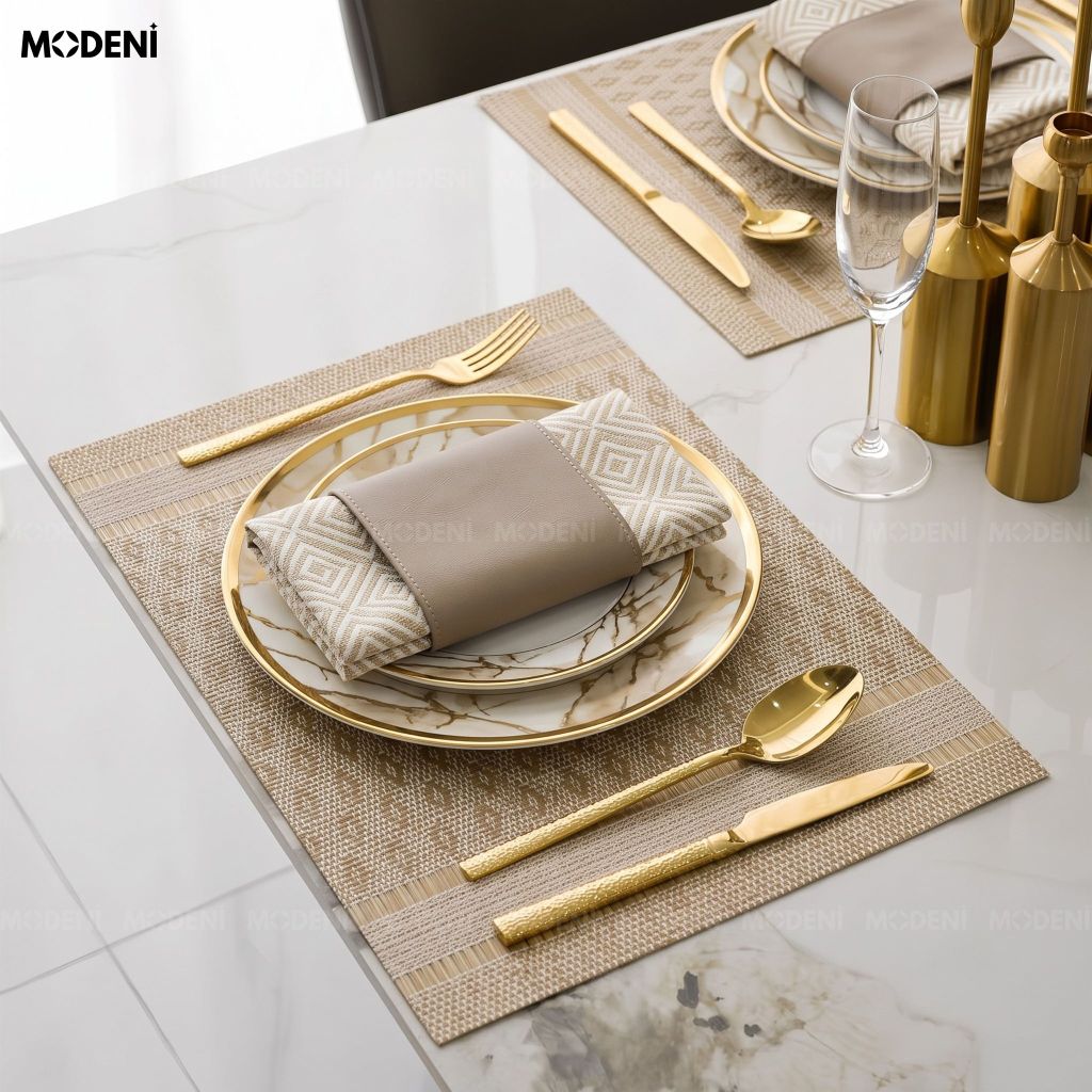 Tấm Lót Bàn Ăn Kado Placemat PVC Màu Gold Họa Tiết Dệt Quả Trám Chống Thấm Nước Decor Bàn Ăn Gia Đình