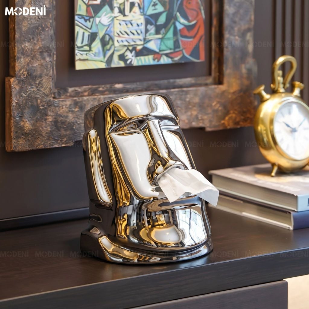 Hộp Khăn Giấy Moai Silver Gốm Sứ Cao Cấp Tráng Bạc Nghệ Thuật Hiện Đại Độc Đáo Cho Phòng Khách Và Văn Phòng