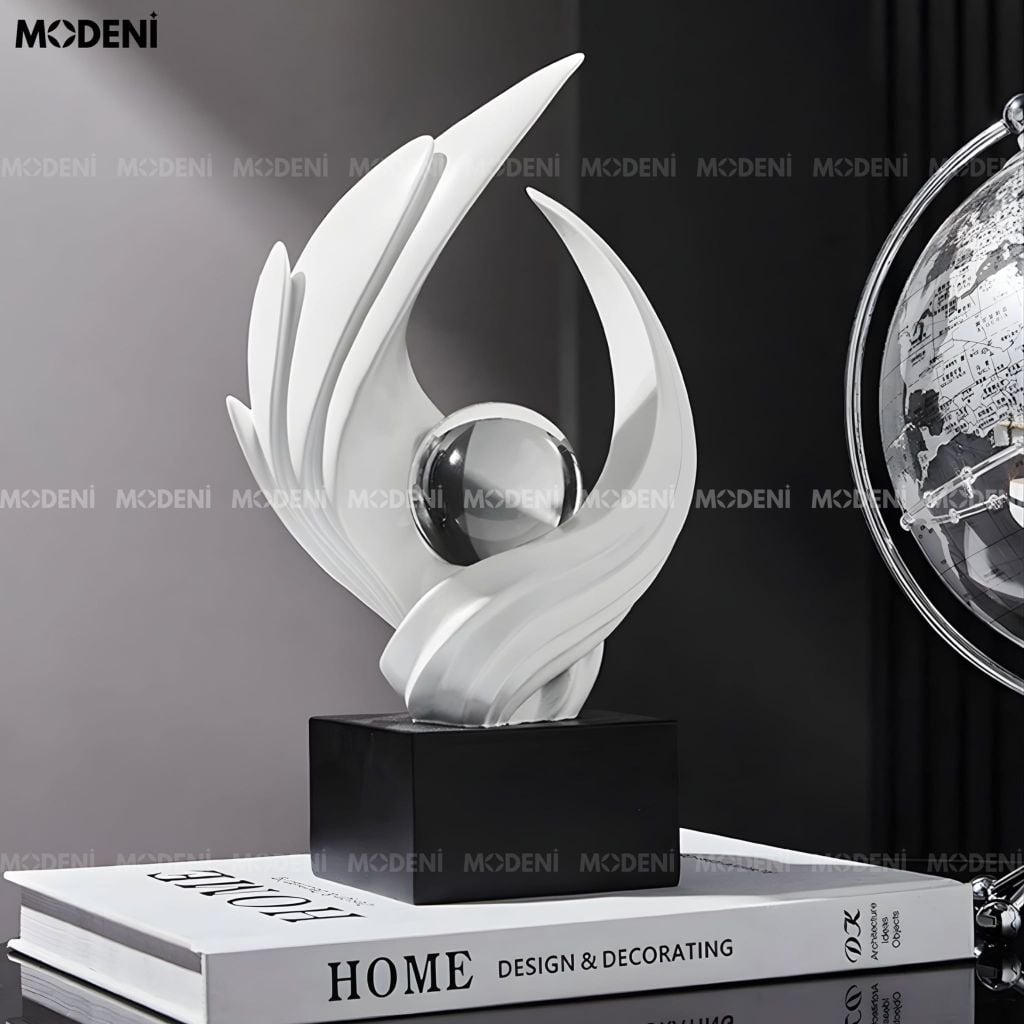 Tượng Trang Trí Aurel white - Resin cao cấp trắng mờ biểu tượng ánh sáng và sự tinh khiết phối cầu thủy tinh trang trí phòng khách/kệ tủ