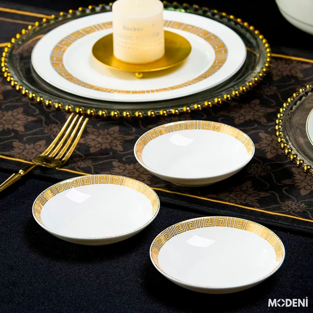 Bộ Chén Đĩa Sứ Xương Trevi Cao Cấp Viền Vàng Ánh Kim – Nghệ Thuật Hoàng Gia Cho Bàn Ăn Hiện Đại