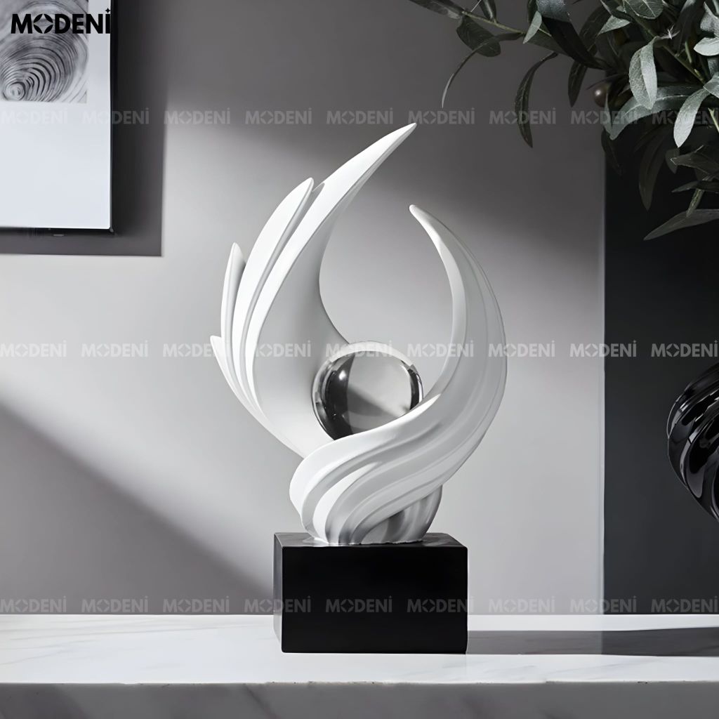 Tượng Trang Trí Aurel white - Resin cao cấp trắng mờ biểu tượng ánh sáng và sự tinh khiết phối cầu thủy tinh trang trí phòng khách/kệ tủ