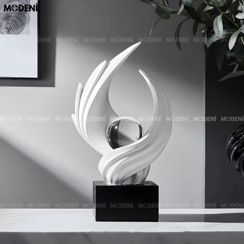  Tượng Trang Trí Aurel white - Resin cao cấp trắng mờ biểu tượng ánh sáng và sự tinh khiết phối cầu thủy tinh trang trí phòng khách/kệ tủ 
