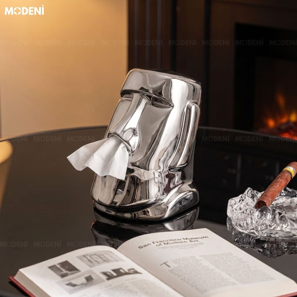 Hộp Khăn Giấy Moai Silver Gốm Sứ Cao Cấp Tráng Bạc Nghệ Thuật Hiện Đại Độc Đáo Cho Phòng Khách Và Văn Phòng