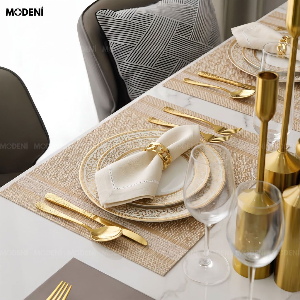 Tấm Lót Bàn Ăn Kado Placemat PVC Màu Gold Họa Tiết Dệt Quả Trám Chống Thấm Nước Decor Bàn Ăn Gia Đình