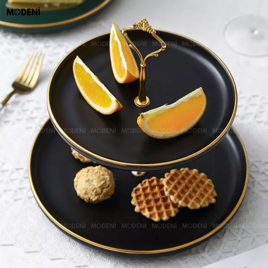 Khay 2 Tầng Papier Gốm Sứ Men Đen Viền Vàng – Sang Trọng Hiện Đại – Đựng Bánh Kẹo, Trái Cây, Decor Bàn Tiệc, Bàn Ăn Nhà Bếp