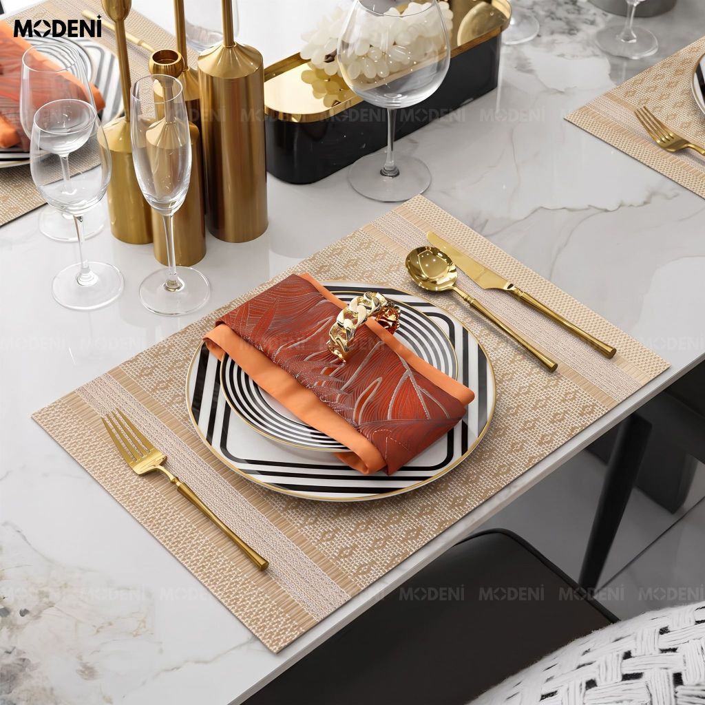 Tấm Lót Bàn Ăn Kado Placemat PVC Màu Gold Họa Tiết Dệt Quả Trám Chống Thấm Nước Decor Bàn Ăn Gia Đình