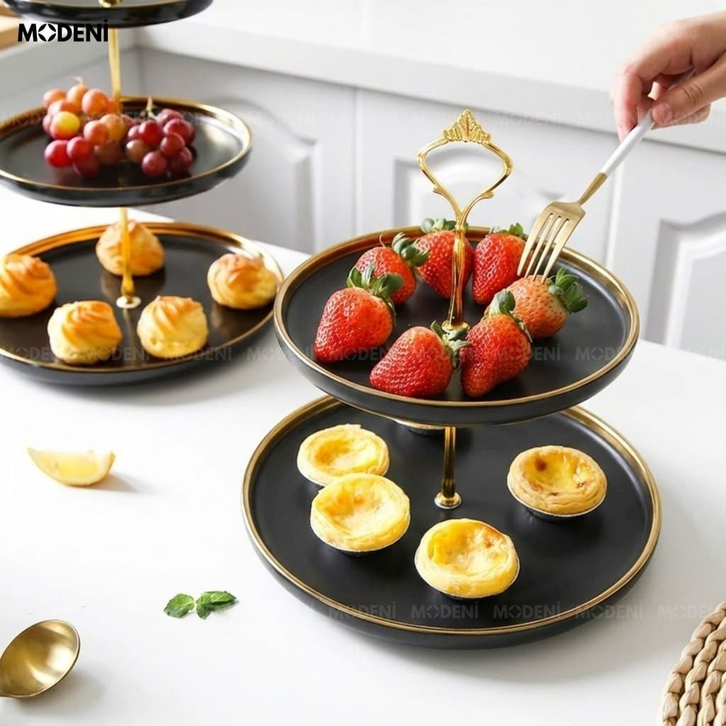 Khay 2 Tầng Papier Gốm Sứ Men Đen Viền Vàng – Sang Trọng Hiện Đại – Đựng Bánh Kẹo, Trái Cây, Decor Bàn Tiệc, Bàn Ăn Nhà Bếp