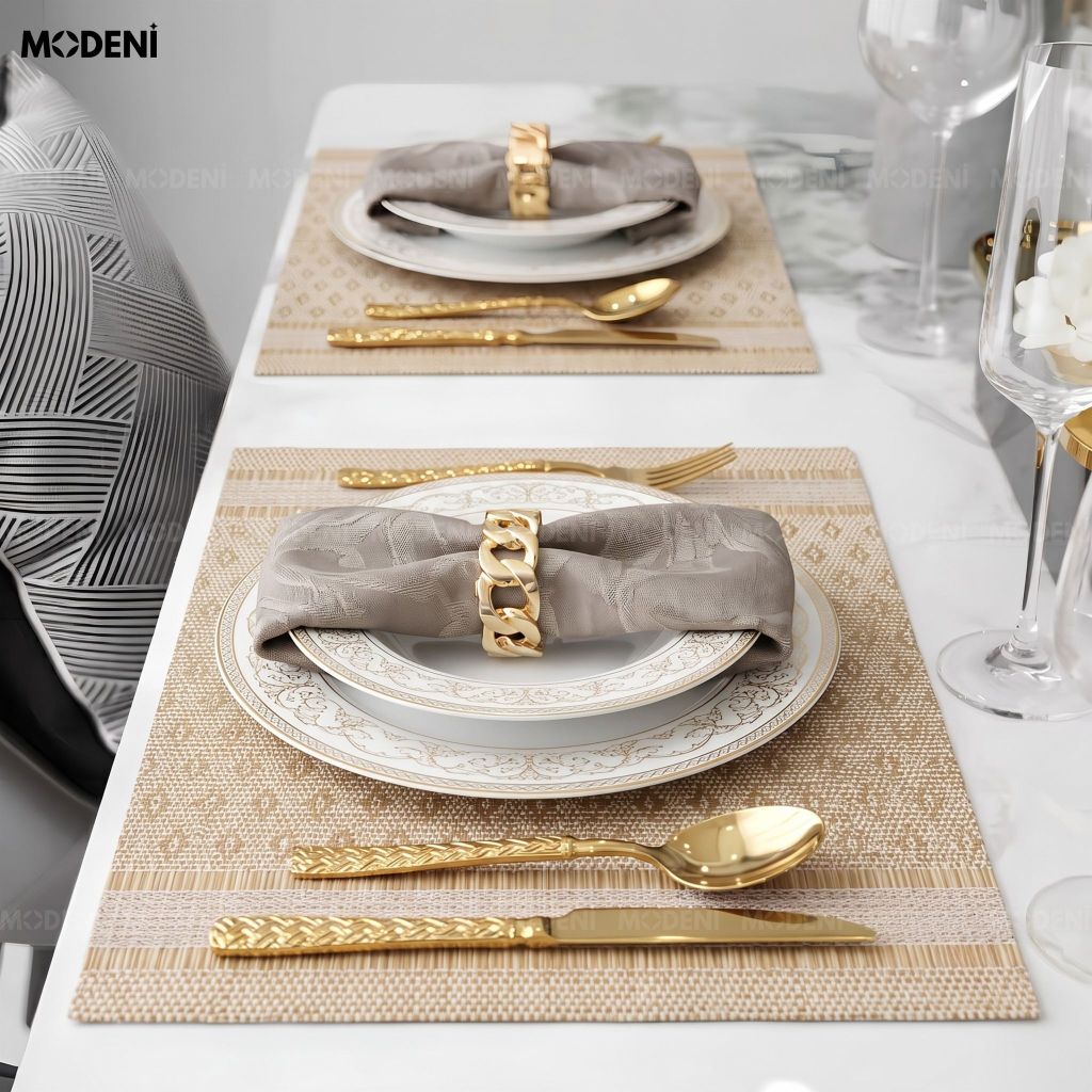 Tấm Lót Bàn Ăn Kado Placemat PVC Màu Gold Họa Tiết Dệt Quả Trám Chống Thấm Nước Decor Bàn Ăn Gia Đình
