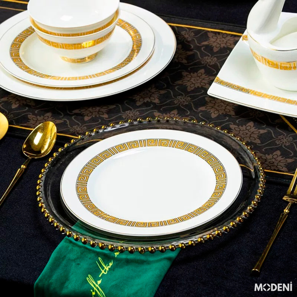 Bộ Chén Đĩa Sứ Xương Trevi Cao Cấp Viền Vàng Ánh Kim – Nghệ Thuật Hoàng Gia Cho Bàn Ăn Hiện Đại (không thố)