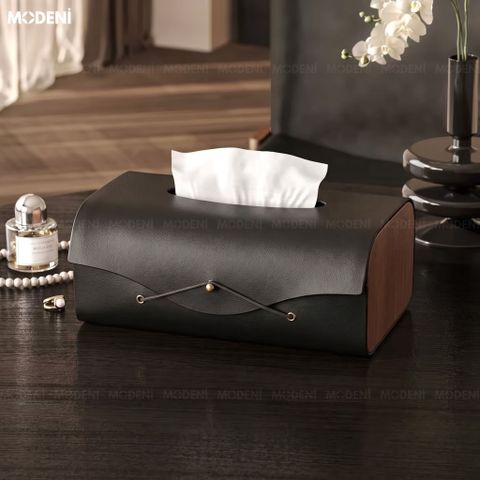  Hộp Khăn Giấy Elise Đen Da Microfiber Cao Cấp Phối Ốp Vân Gỗ Japandi Tối Giản Tinh Tế Cho Phòng Ngủ Và Văn Phòng 