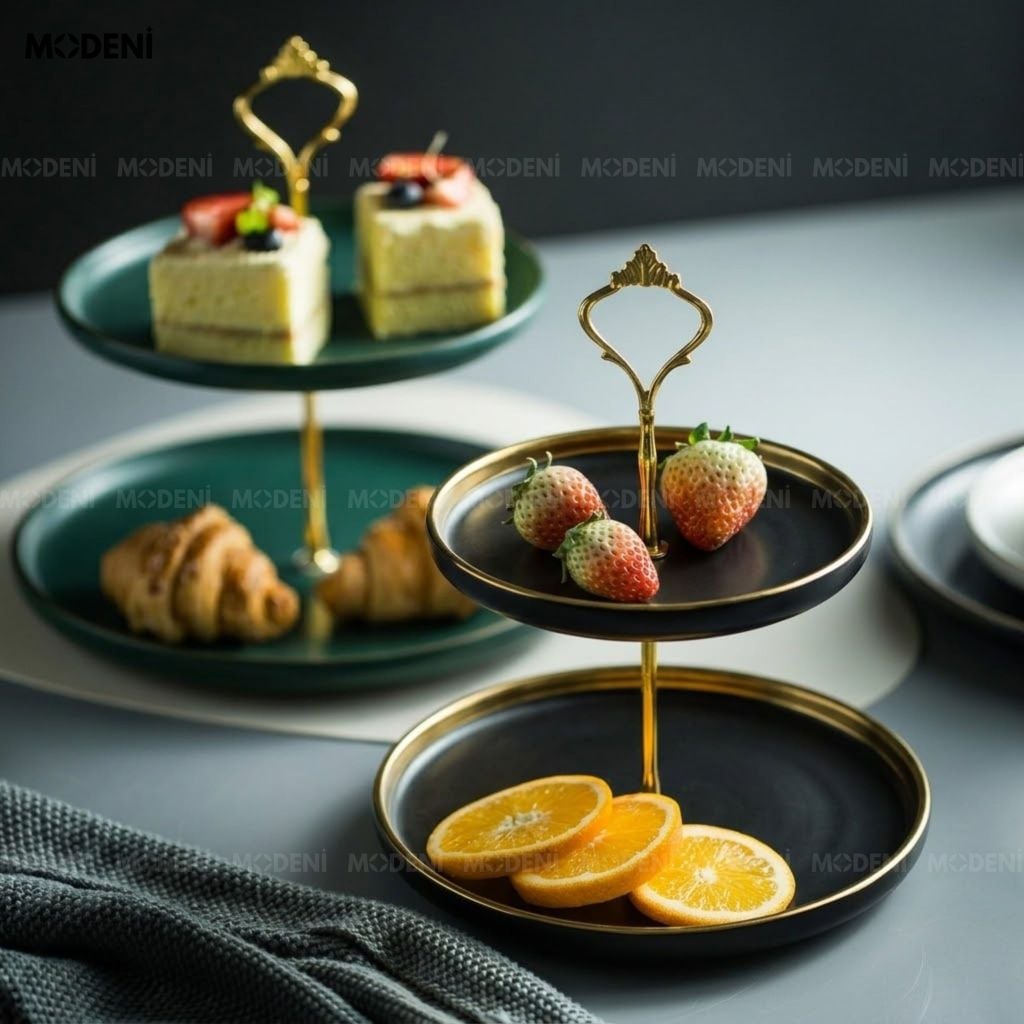 Khay 2 Tầng Papier Gốm Sứ Men Đen Viền Vàng – Sang Trọng Hiện Đại – Đựng Bánh Kẹo, Trái Cây, Decor Bàn Tiệc, Bàn Ăn Nhà Bếp