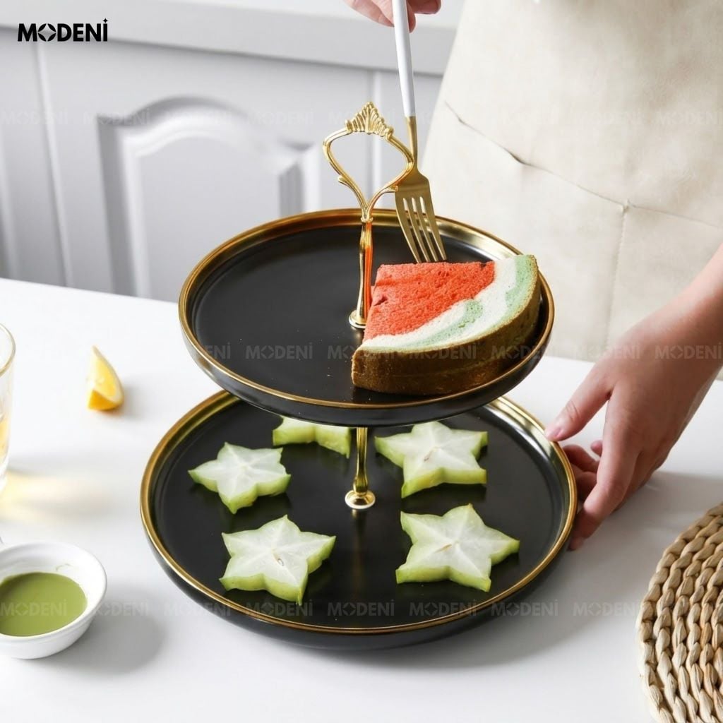 Khay 2 Tầng Papier Gốm Sứ Men Đen Viền Vàng – Sang Trọng Hiện Đại – Đựng Bánh Kẹo, Trái Cây, Decor Bàn Tiệc, Bàn Ăn Nhà Bếp