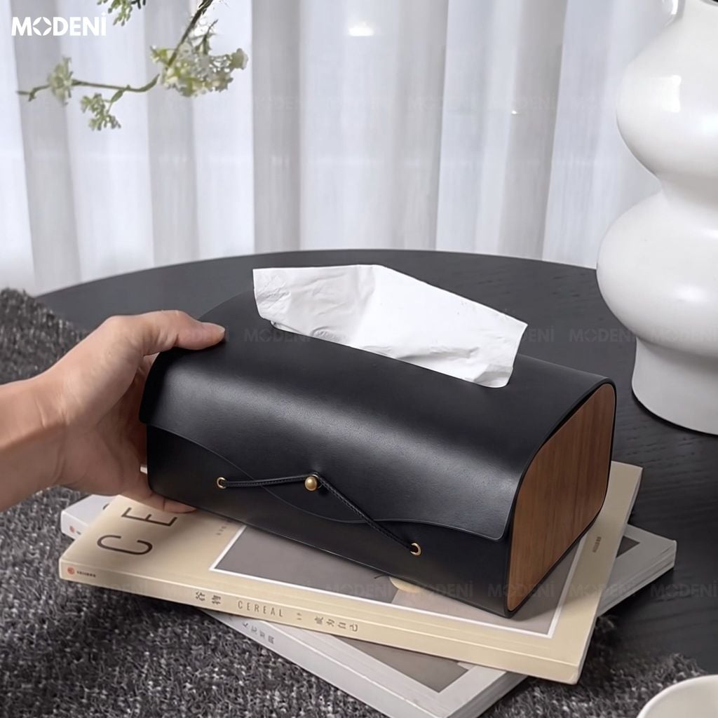 Hộp Khăn Giấy Elise Đen Da Microfiber Cao Cấp Phối Ốp Vân Gỗ Japandi Tối Giản Tinh Tế Cho Phòng Ngủ Và Văn Phòng