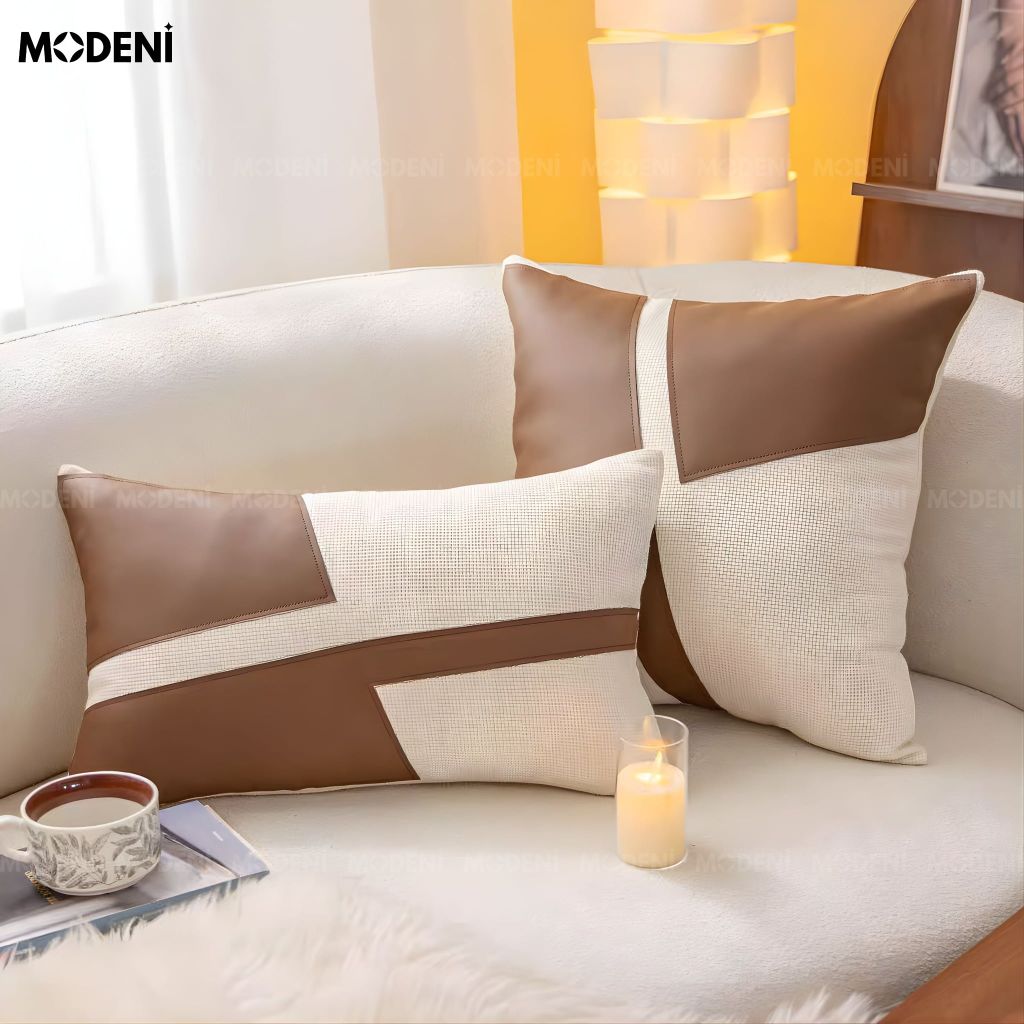 Vỏ Gối Sofa Ranch – Da Microfiber Phối Linen Họa Tiết Mảng Phối Nâu – Kem Hài Hòa Tối Giản