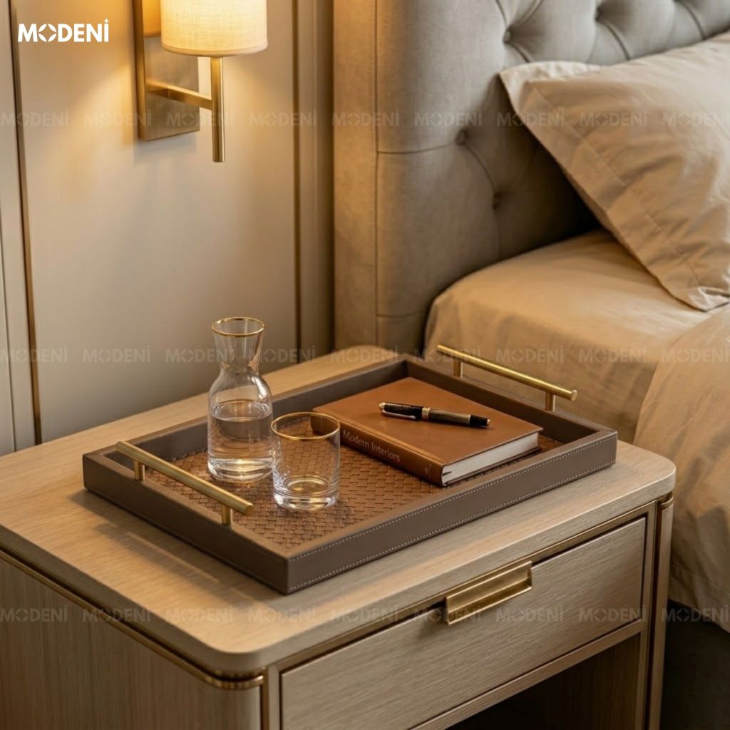 Khay Trang Trí Maroni Nâu Đậm Bọc Da PU Cao Cấp Tay Cầm Mạ Vàng Sang Trọng Cho Bàn Sofa
