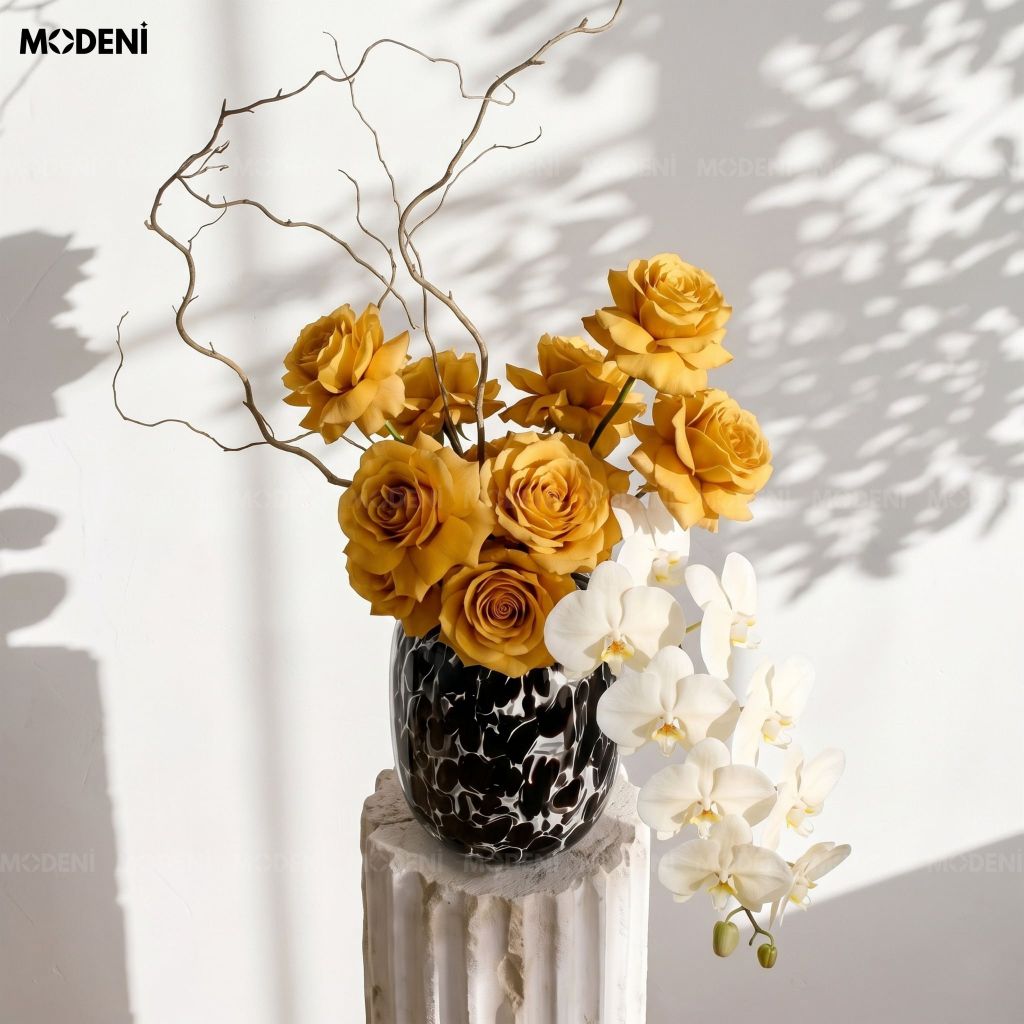 Bình Hoa Magma Thủy Tinh Vân Đá Marble Đen Khói Phong Cách Nghệ Thuật Bắc Âu