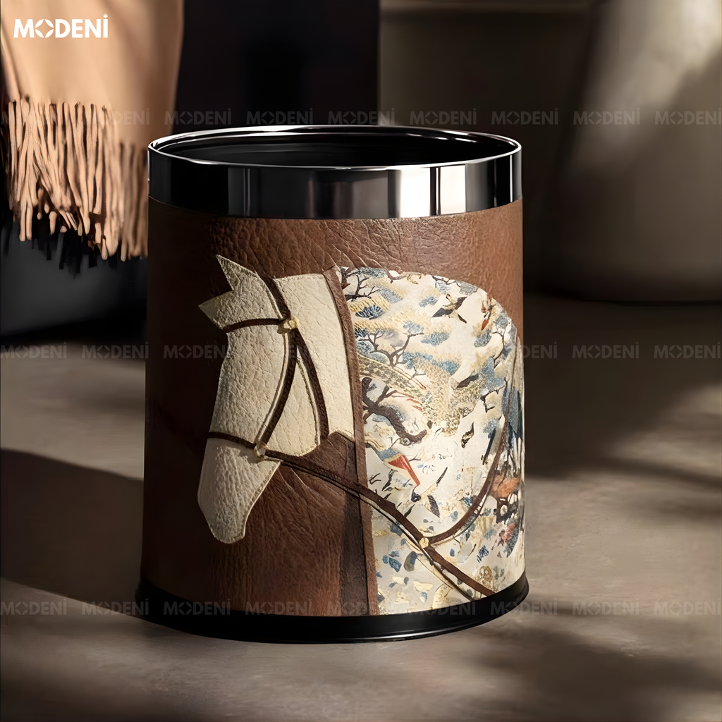 Thùng Rác Monolith Nâu Da Cao Cấp Viền Kim Loại Ánh Bạc Nghệ Thuật Cho Không Gian Sinh Hoạt Sang Trọng