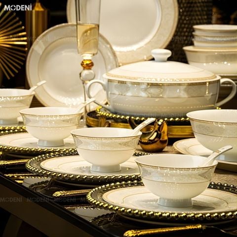  Bộ Chén Đĩa Sứ Xương Elara Cao Cấp – Viền Vàng Ngọc Trai Tinh Xảo, Mang Đậm Khí Chất Hoàng Gia Cho Bàn Tiệc Sang Trọng 