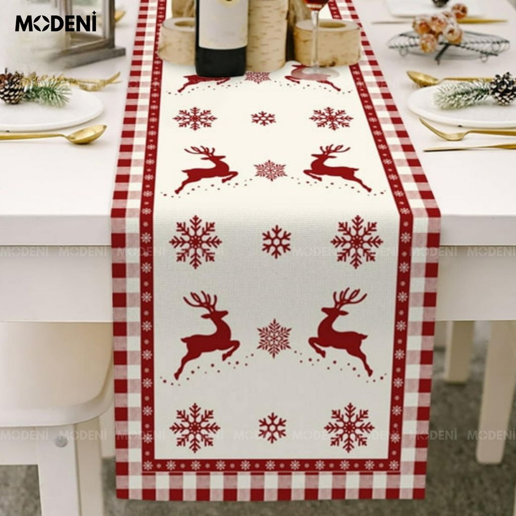 Khăn Trải Bàn Table Runner White Deer Cao Cấp – Trang Trí Giáng Sinh “Tuần Lộc Trên Tuyết” Nghệ Thuật – Table Runner Red Vintage