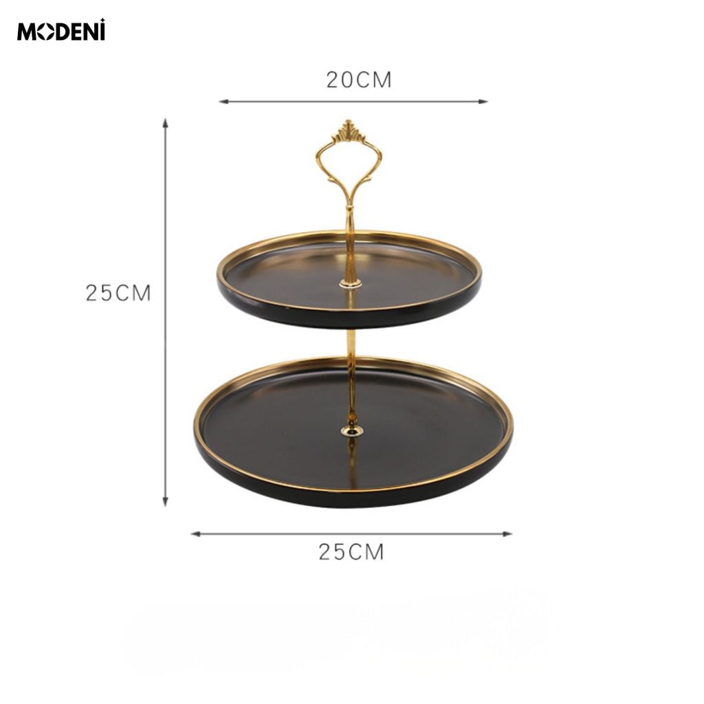 Khay 2 Tầng Papier Gốm Sứ Men Đen Viền Vàng – Sang Trọng Hiện Đại – Đựng Bánh Kẹo, Trái Cây, Decor Bàn Tiệc, Bàn Ăn Nhà Bếp