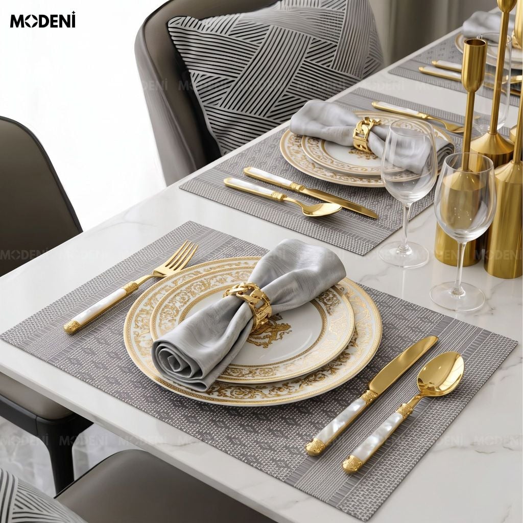Tấm Lót Bàn Ăn Kado Placemat PVC Màu Xám Họa Tiết Dệt Quả Trám Chống Thấm Nước Decor Bàn Ăn Gia Đình