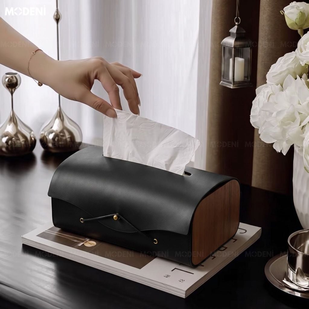 Hộp Khăn Giấy Elise Đen Da Microfiber Cao Cấp Phối Ốp Vân Gỗ Japandi Tối Giản Tinh Tế Cho Phòng Ngủ Và Văn Phòng