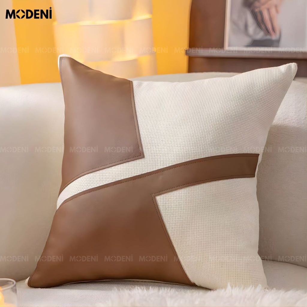 Vỏ Gối Sofa Ranch – Da Microfiber Phối Linen Họa Tiết Mảng Phối Nâu – Kem Hài Hòa Tối Giản