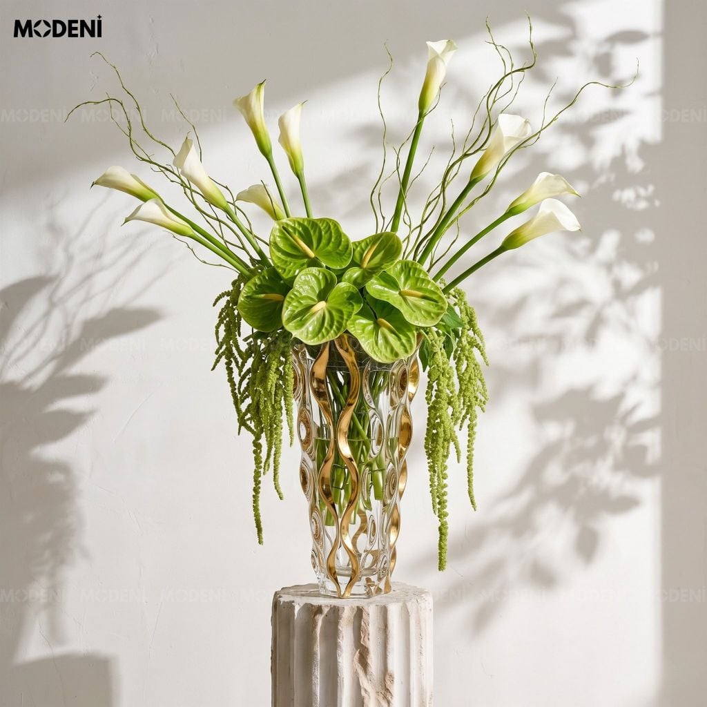 Bình Hoa Pha Lê Elysian – Lọ Hoa Trang Trí Cao Cấp Ánh Vàng – Kích Thước 28x14.5cm, Phù Hợp Decor Bàn Tiệc Sang Trọng