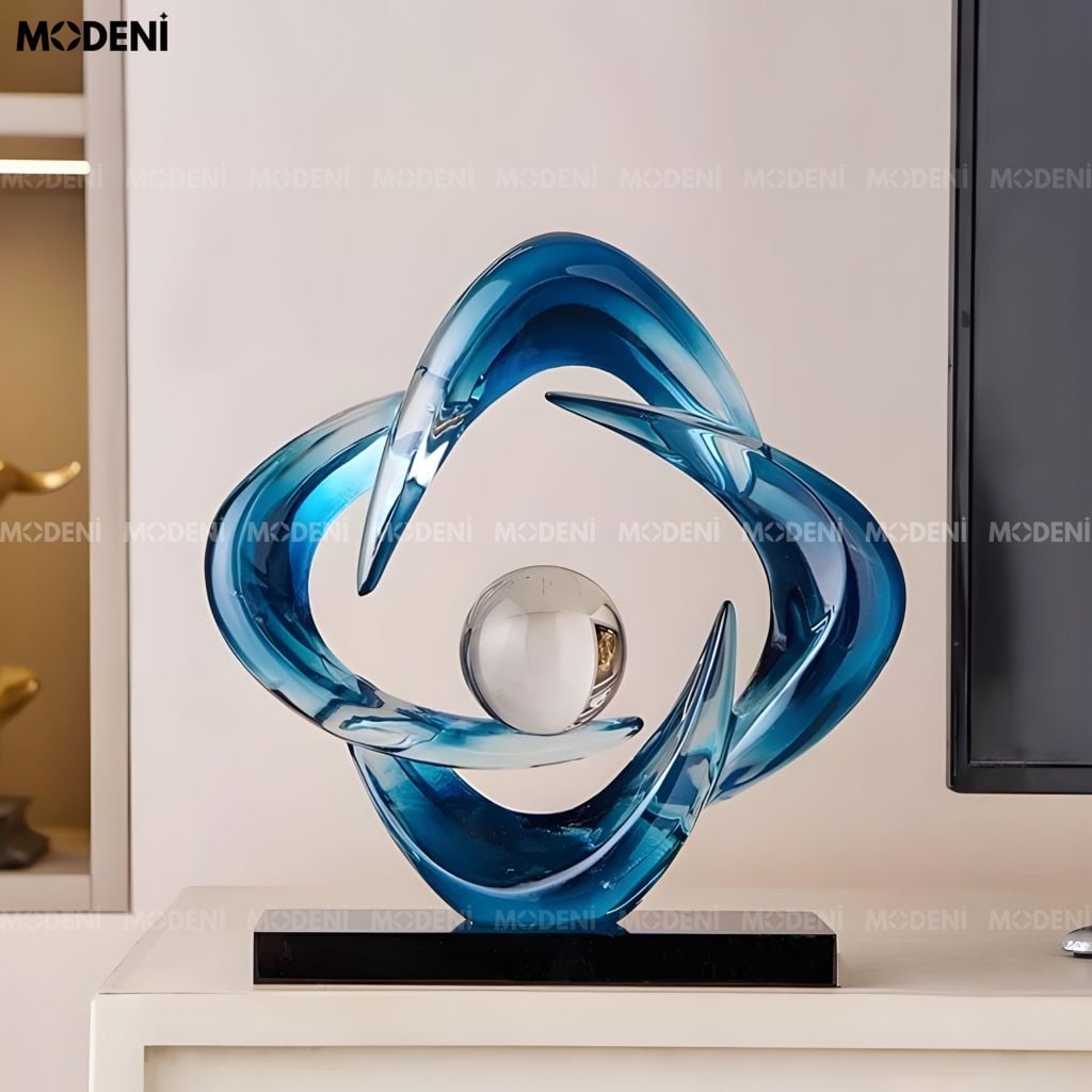 Tượng decor Cosmic Blue – Resin nghệ thuật phối cầu thủy  tinh, điểm nhấn sang trọng cho mọi không gian