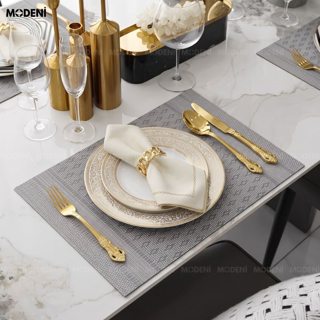 Tấm Lót Bàn Ăn Kado Placemat PVC Màu Xám Họa Tiết Dệt Quả Trám Chống Thấm Nước Decor Bàn Ăn Gia Đình