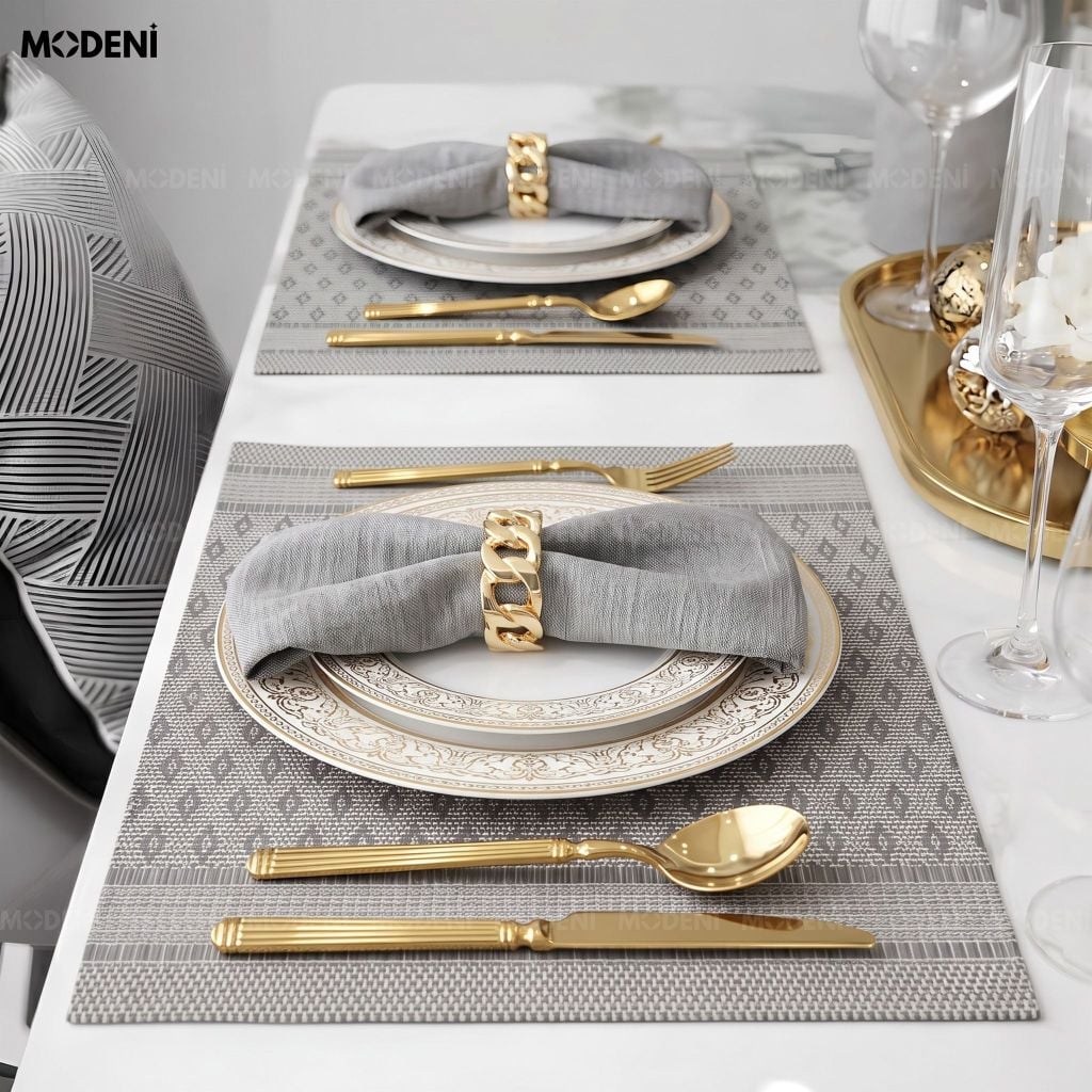 Tấm Lót Bàn Ăn Kado Placemat PVC Màu Xám Họa Tiết Dệt Quả Trám Chống Thấm Nước Decor Bàn Ăn Gia Đình