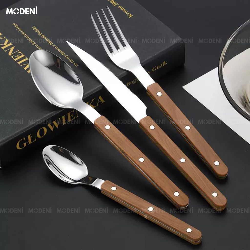 Bộ Dao Muỗng Nĩa Bresso Inox Cán Gỗ Thẩm Mỹ Châu Âu Kết Cấu Chắc Chắn Cho Bàn Tiệc Hiện Đại