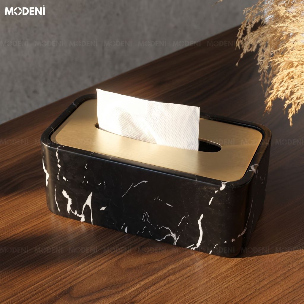 Hộp Khăn Giấy Nero Marquina Composite Vân Đá Đen Viền Vàng Sang Trọng