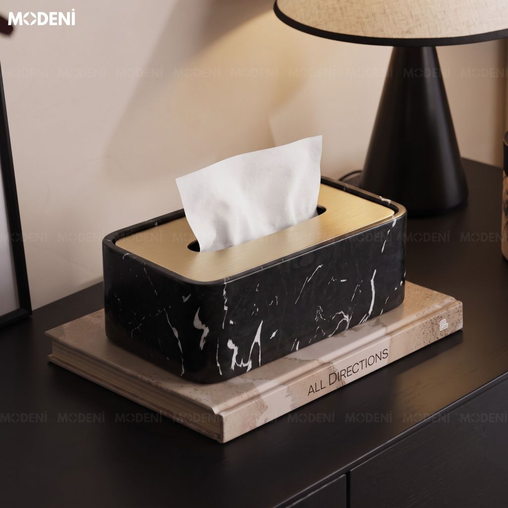 Hộp Khăn Giấy Nero Marquina Composite Vân Đá Đen Viền Vàng Sang Trọng