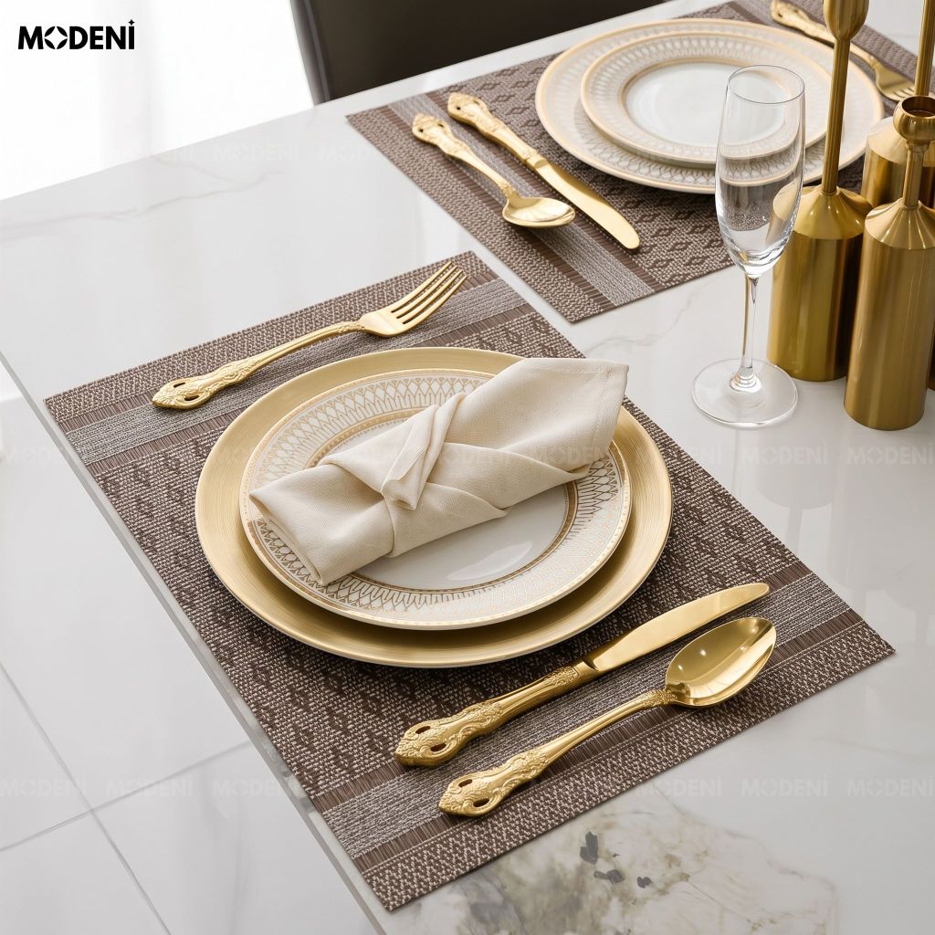 Tấm Lót Bàn Ăn Kado Placemat PVC Màu Nâu Họa Tiết Dệt Quả Trám Chống Thấm Nước Decor Bàn Ăn Gia Đình