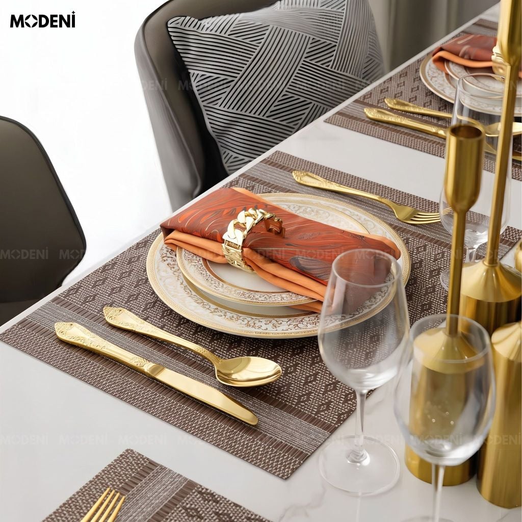 Tấm Lót Bàn Ăn Kado Placemat PVC Màu Nâu Họa Tiết Dệt Quả Trám Chống Thấm Nước Decor Bàn Ăn Gia Đình