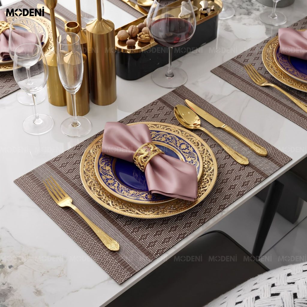 Tấm Lót Bàn Ăn Kado Placemat PVC Màu Nâu Họa Tiết Dệt Quả Trám Chống Thấm Nước Decor Bàn Ăn Gia Đình