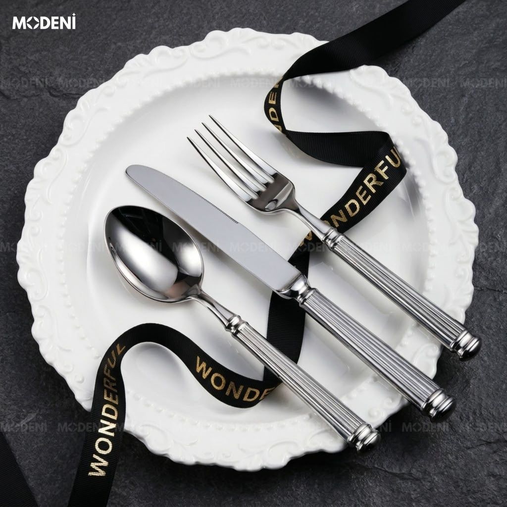 Bộ Dao Muỗng Nĩa Silveria Inox 304 Tân Cổ Điển Tráng Gương Ánh Bạc Cho Bàn Ăn Gia Đình