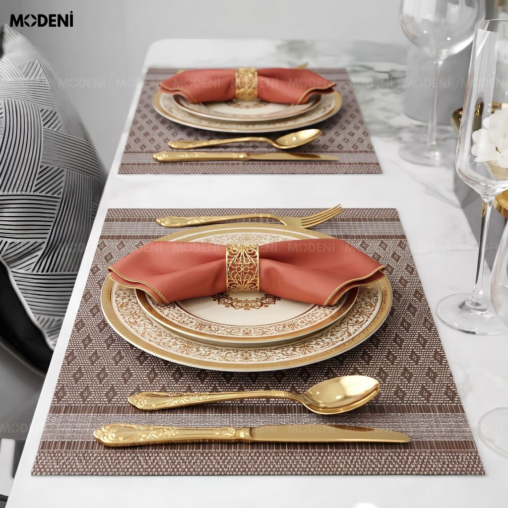 Tấm Lót Bàn Ăn Kado Placemat PVC Màu Nâu Họa Tiết Dệt Quả Trám Chống Thấm Nước Decor Bàn Ăn Gia Đình
