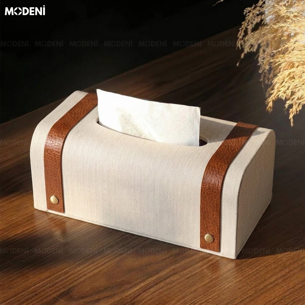 Hộp Khăn Giấy Kavet Da PU Phối Quai Nâu Dáng Rương Cổ Điển Màu Trắng Chống Bám Bụi Cho Bàn Trà Phòng Khách