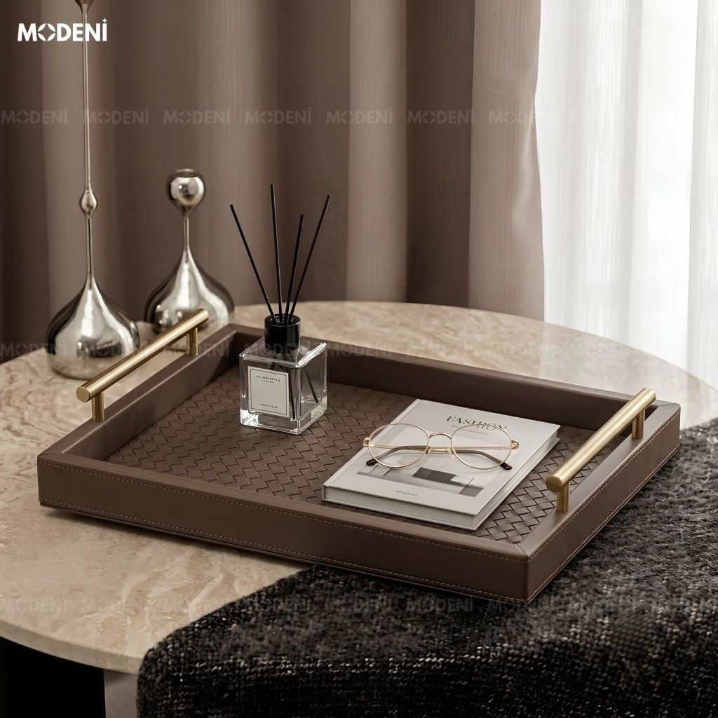Khay Trang Trí Maroni Nâu Đậm Bọc Da PU Cao Cấp Tay Cầm Mạ Vàng Sang Trọng Cho Bàn Sofa