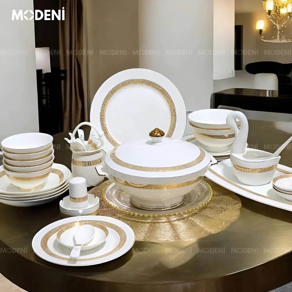 Bộ Chén Đĩa Sứ Xương Trevi Cao Cấp Viền Vàng Ánh Kim – Nghệ Thuật Hoàng Gia Cho Bàn Ăn Hiện Đại