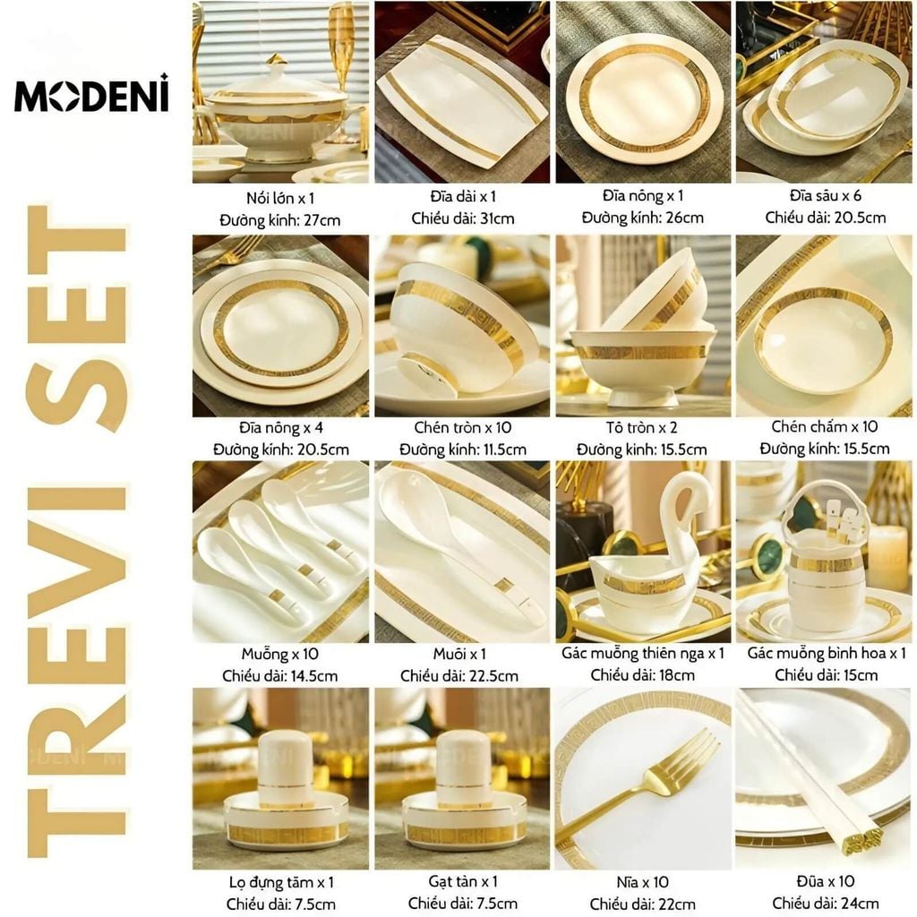 Bộ Chén Đĩa Sứ Xương Trevi Cao Cấp Viền Vàng Ánh Kim – Nghệ Thuật Hoàng Gia Cho Bàn Ăn Hiện Đại (không thố)