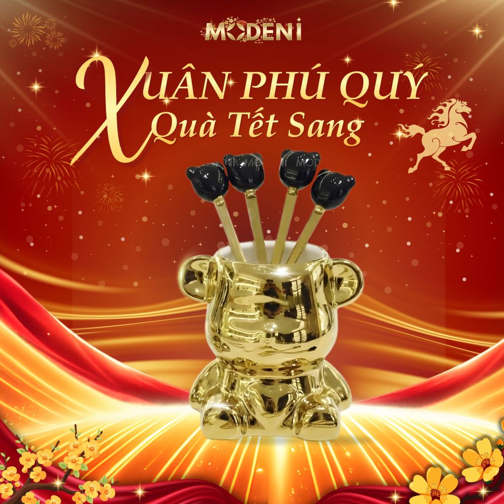 Set Lọ Đựng Muỗng Nĩa Mercy Golden Cao Cấp – Thiết Kế Hình Gấu Mạ Vàng Sang Trọng, Kèm 6 Nĩa Tráng Miệng Nghệ Thuật, Phù Hợp Decor Bàn Tiệc, Bàn Ăn Hoặc Quà Tặng Độc Đáo