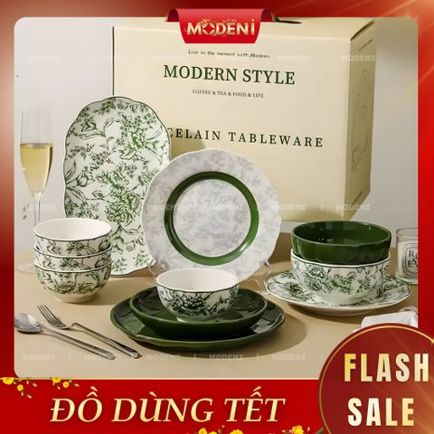  Bộ Chén Đĩa Sứ Trang Men Cao Cấp Farley – Họa Tiết Hoa Lá Trang Nhã – Dành Cho Bàn Ăn Hiện Đại, Tiếp Khách Và Quà Tặng Sang Trọng 