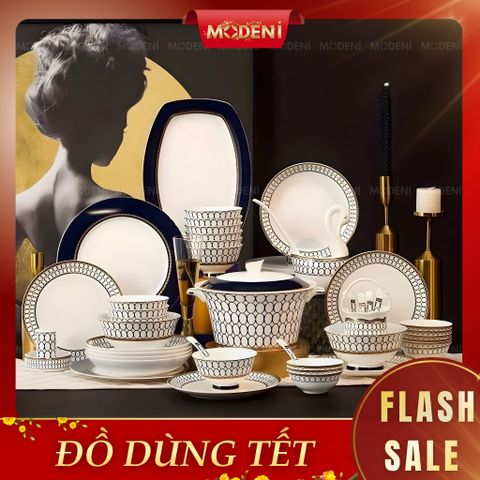  Bộ Chén Đĩa Sứ Xương Cao Cấp Aurelius – Họa Tiết Vòng Liên Hoàn Vàng Kim Trên Nền Xanh Navy Sang Trọng, Tôn Vinh Nghệ Thuật Bàn Tiệc Tinh Tế 