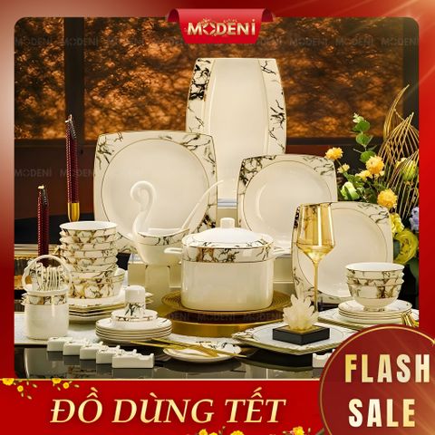  Bộ Chén Đĩa Sứ Xương Cao Cấp Marva – Họa Tiết Vân Đá Cẩm Thạch Phối Viền Vàng Kim, Biểu Tượng Của Sự Thanh Lịch Và Quyền Quý Trên Bàn Tiệc Sang Trọng 